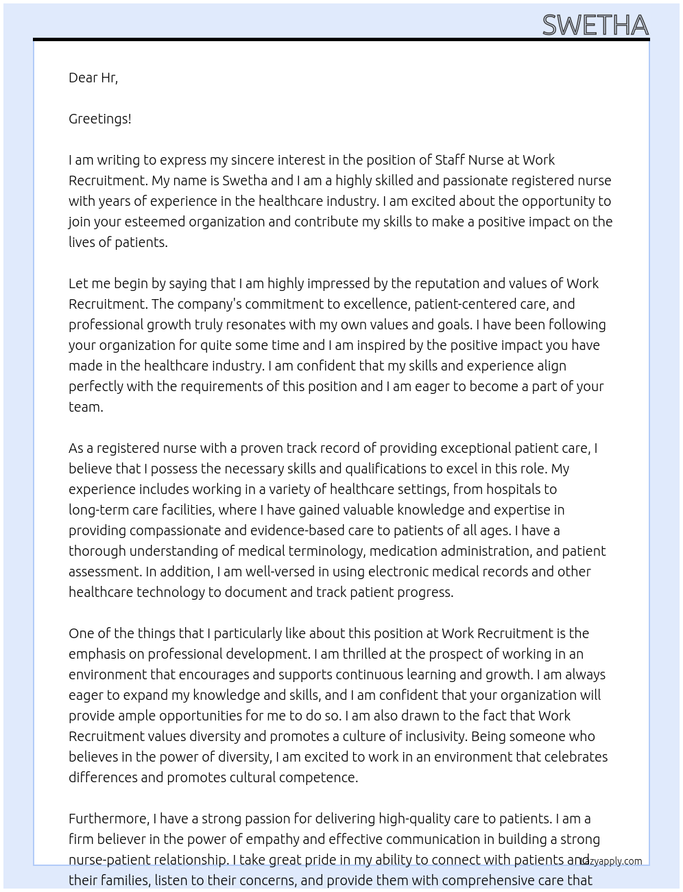 Staff nurse  At Work recruitment  Cover Letter