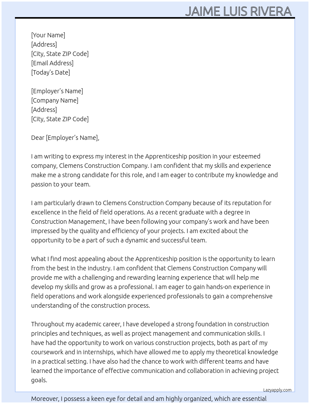 Apprenticeship At Clemens construction company Cover Letter