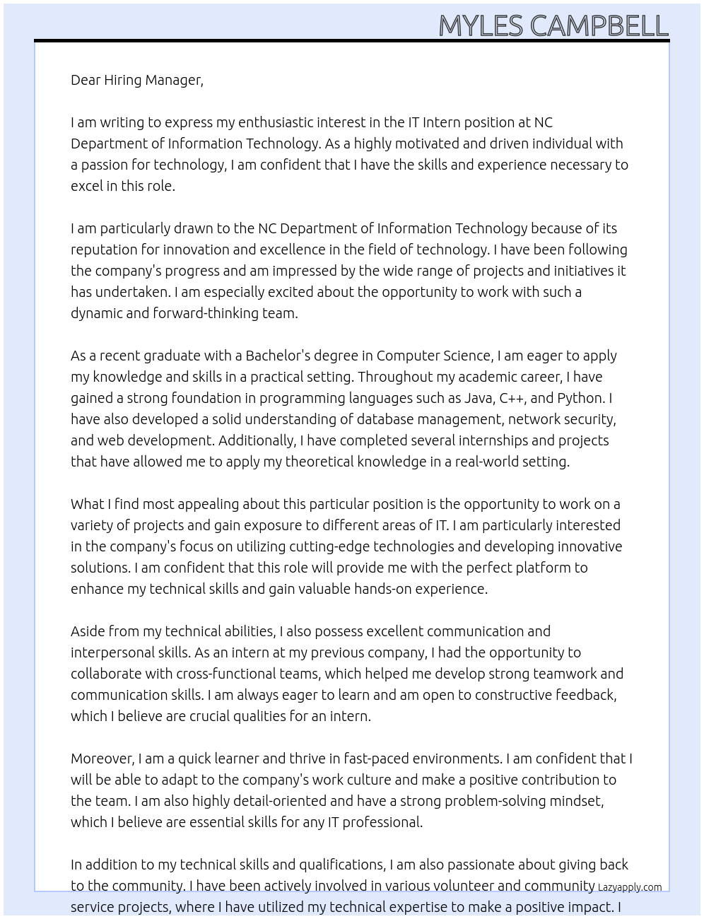 IT Intern At NC Department of Information Technology Cover Letter