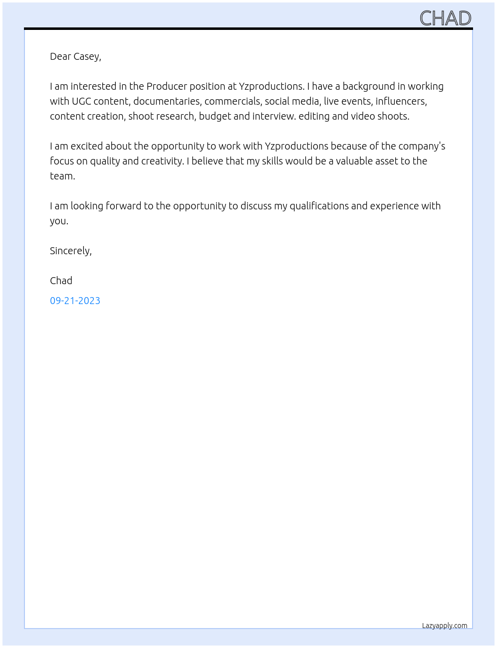 Producer At Yzproductions Cover Letter