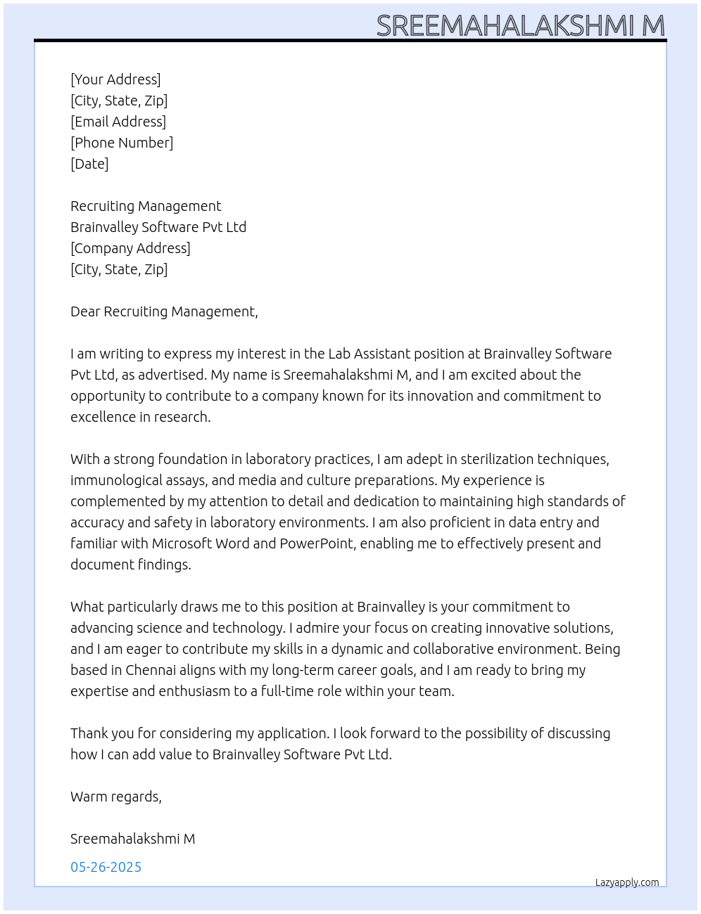 Lab assistant At Brainvalley software pvt Ltd Cover Letter