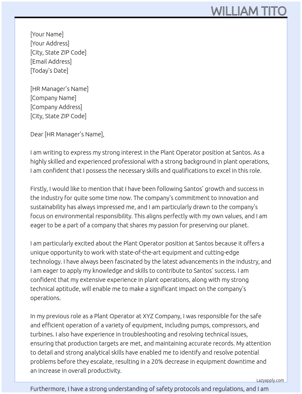 Plant operator At Santos Cover Letter