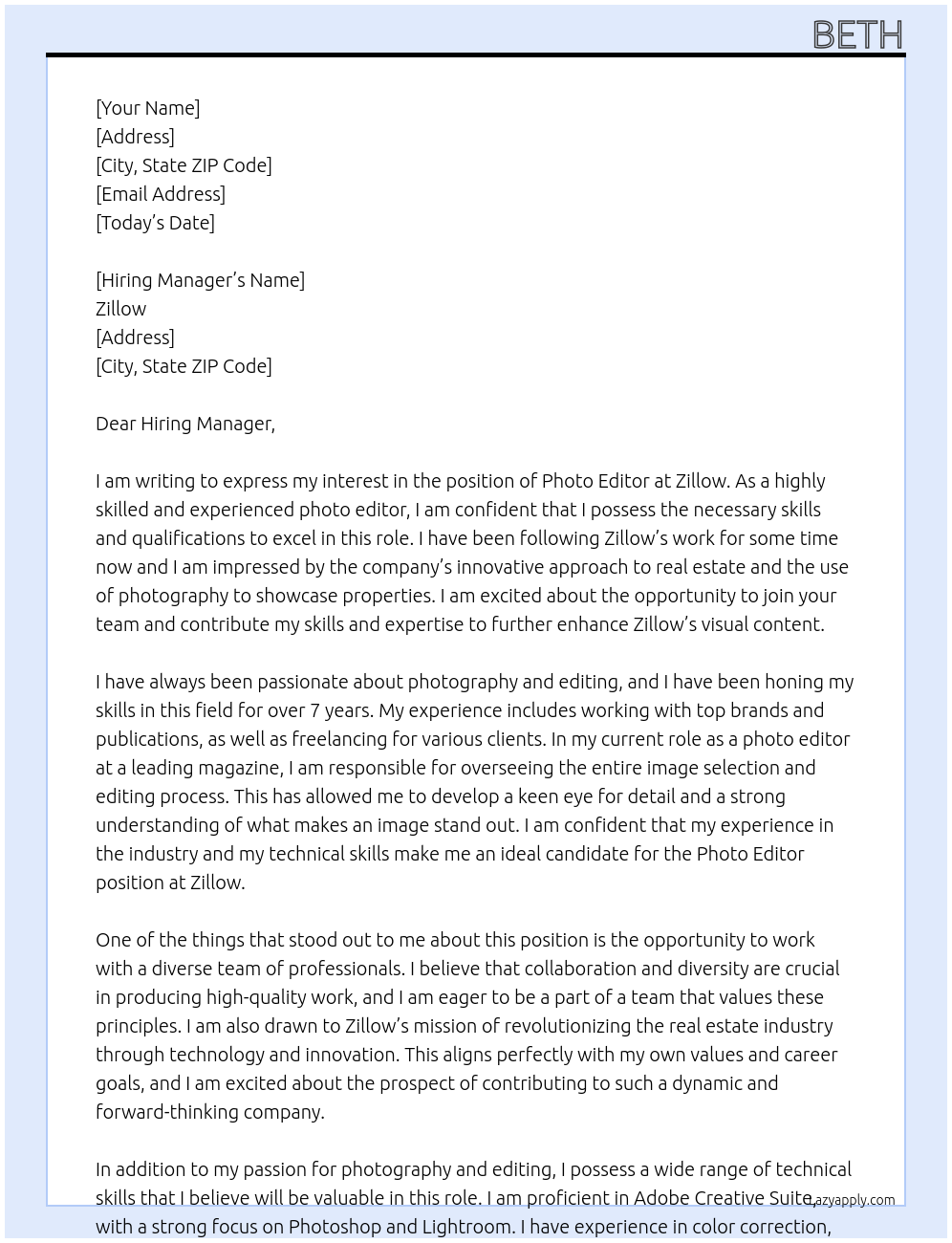 Photo editor At Zillow Cover Letter