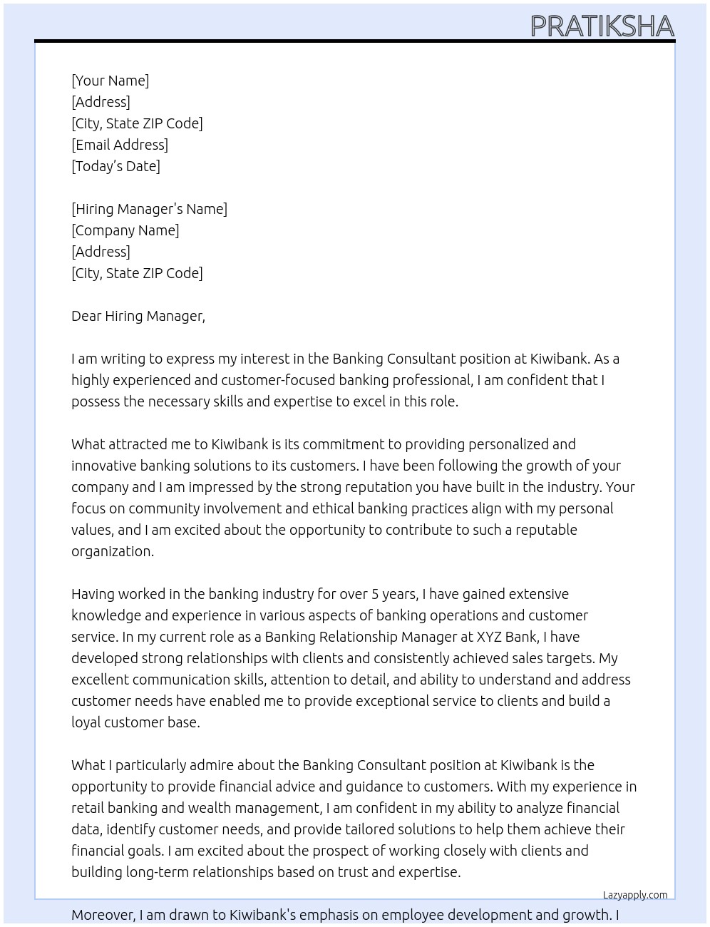 Banking Consultant At Kiwibank Cover Letter