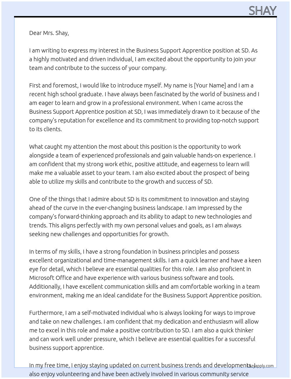 Buisness Support Apprentice At sd Cover Letter