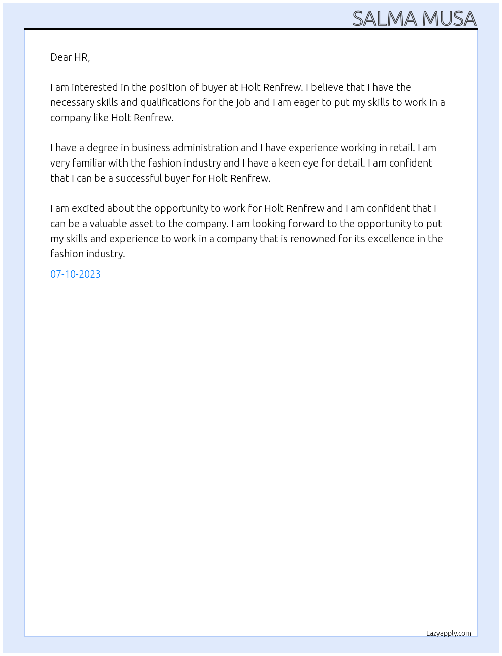 Buyer At Holt Renfrew Cover Letter