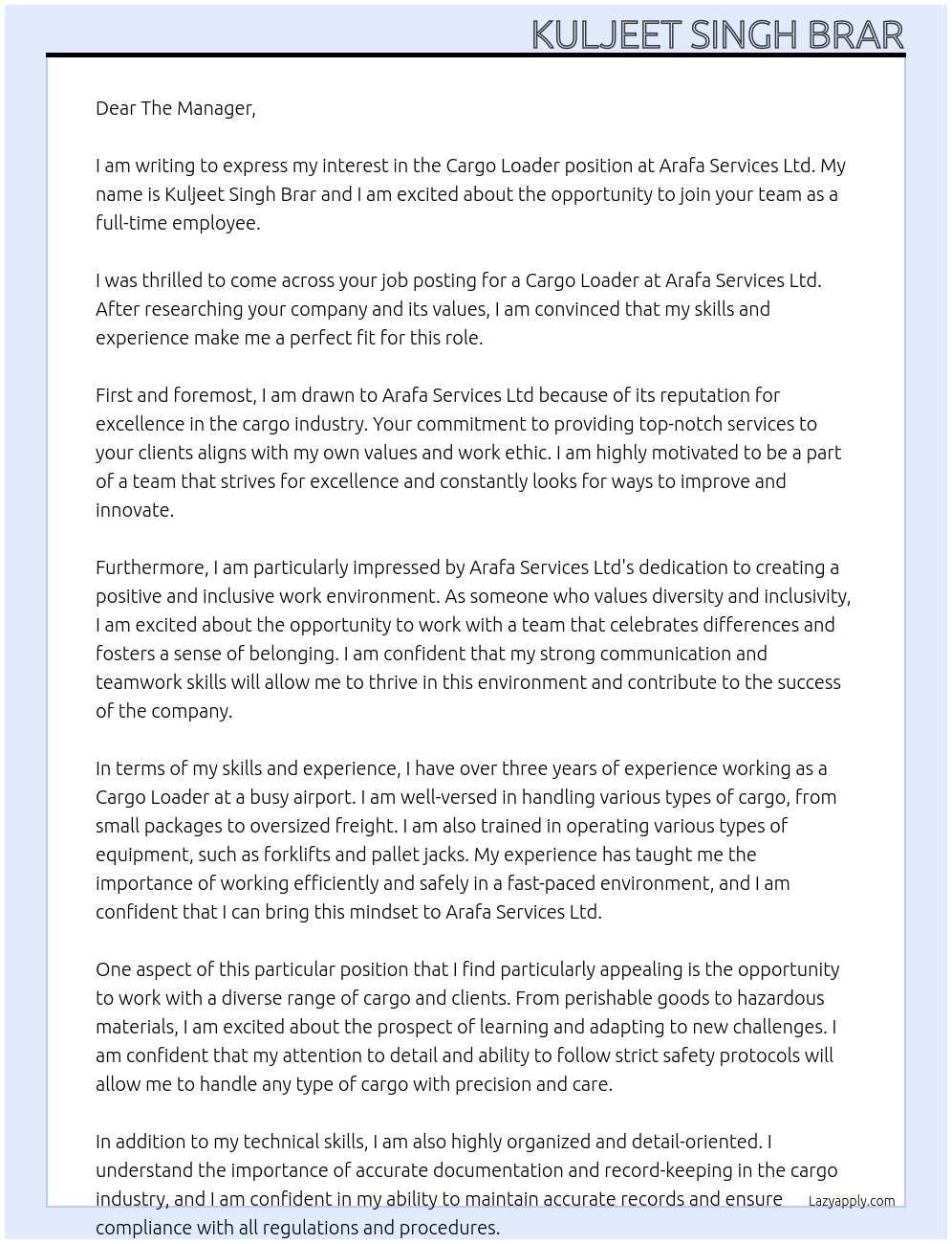 CARGO LOADER At ARAFA SERVICES LTD Cover Letter