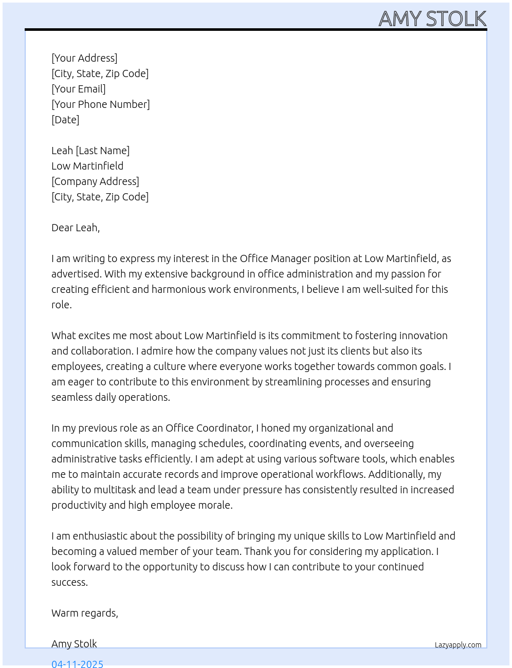 Office manager At Low Martinfield Cover Letter