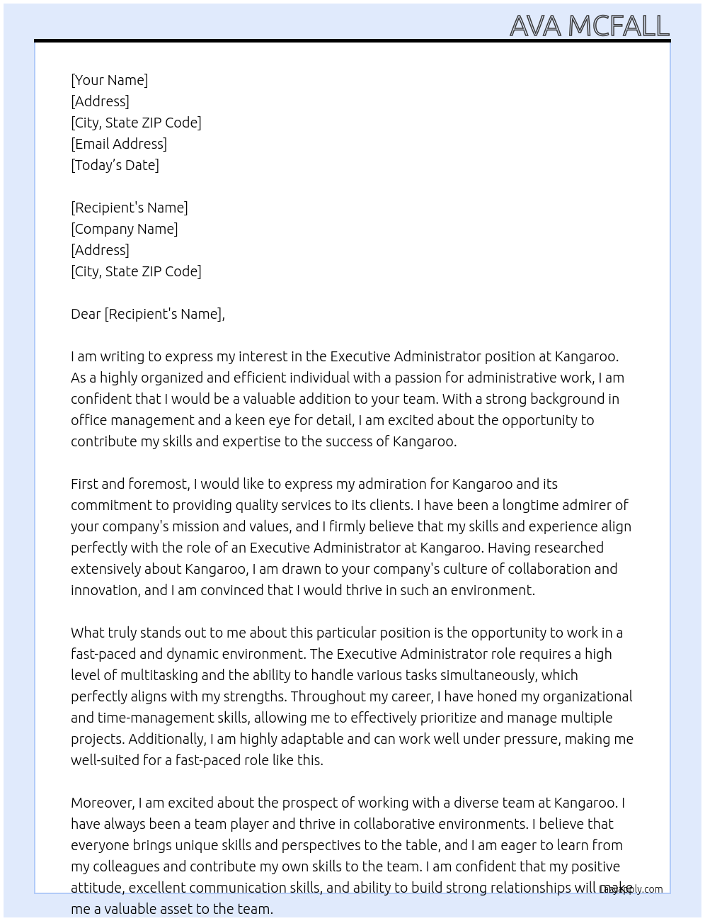 executive administrator  At Kangaroo  Cover Letter