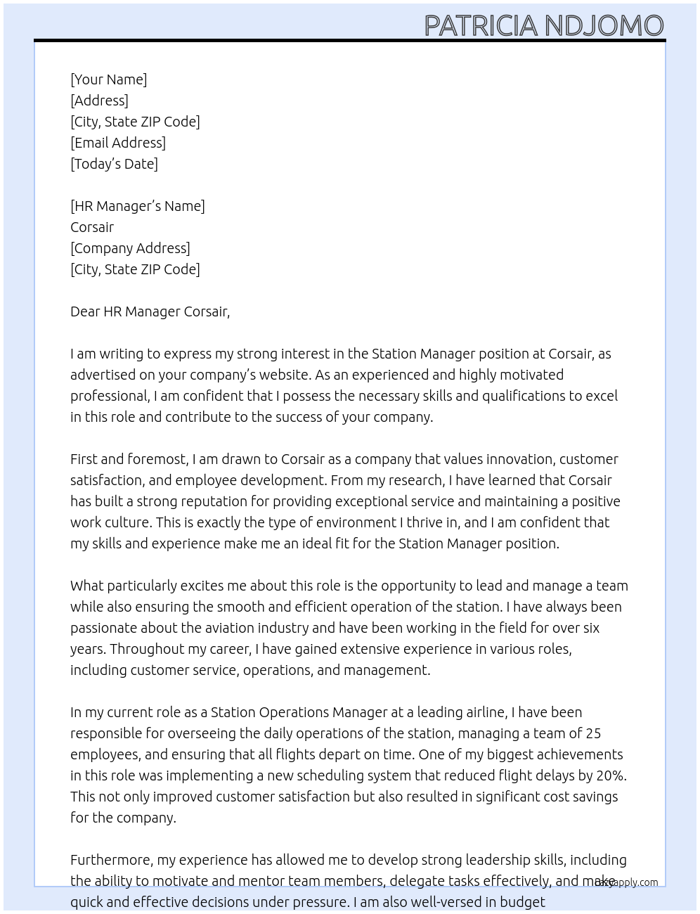 station manager  At corsair Cover Letter