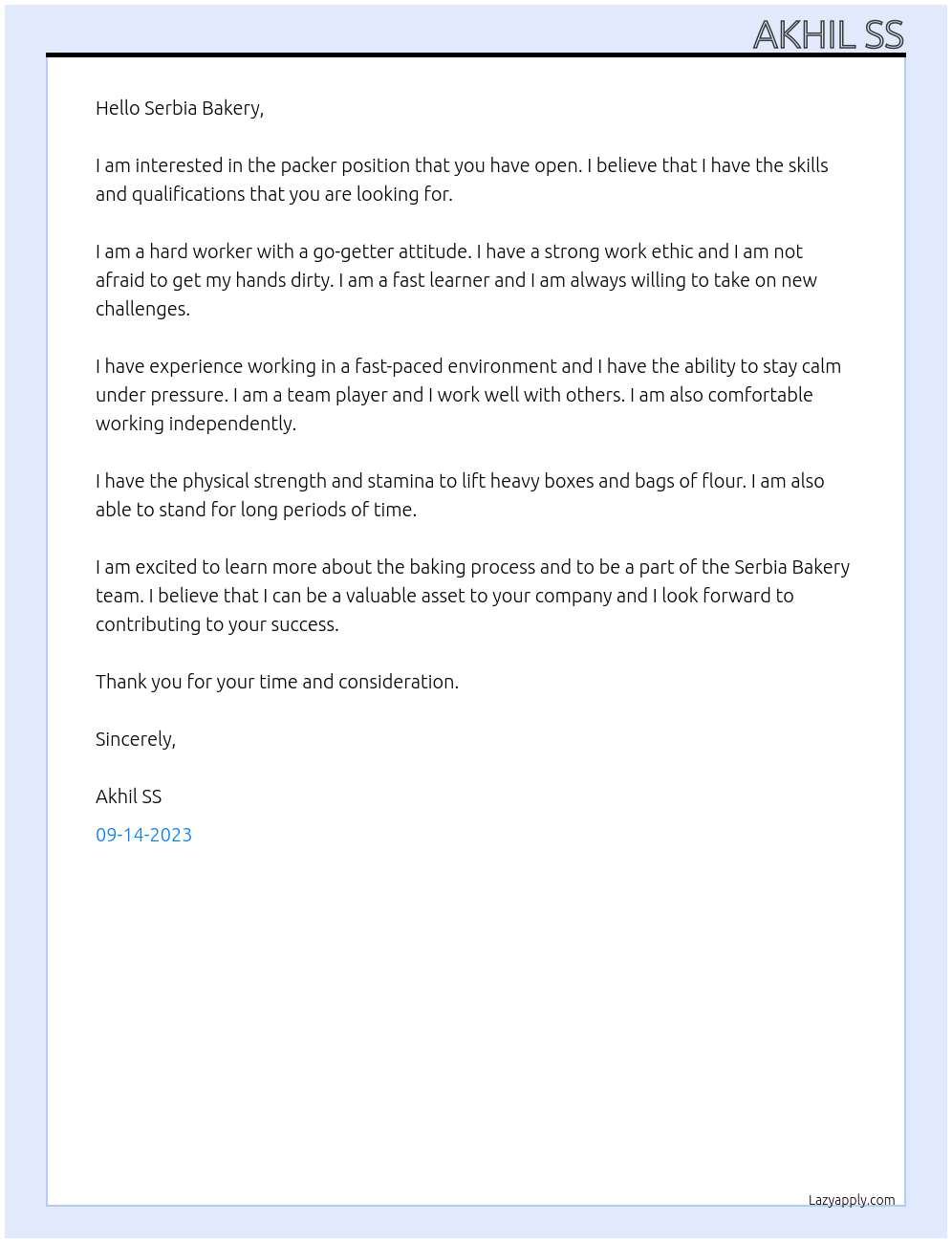 packer At serbia bakery Cover Letter