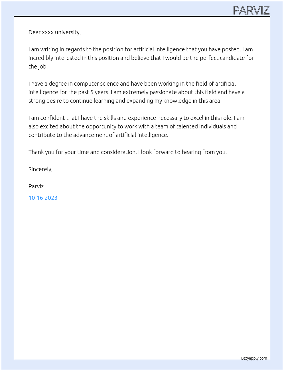 artificial intelligence At xxxx university Cover Letter