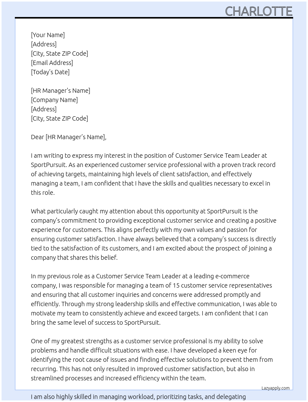 Customer service team leader At SportPursuit Cover Letter