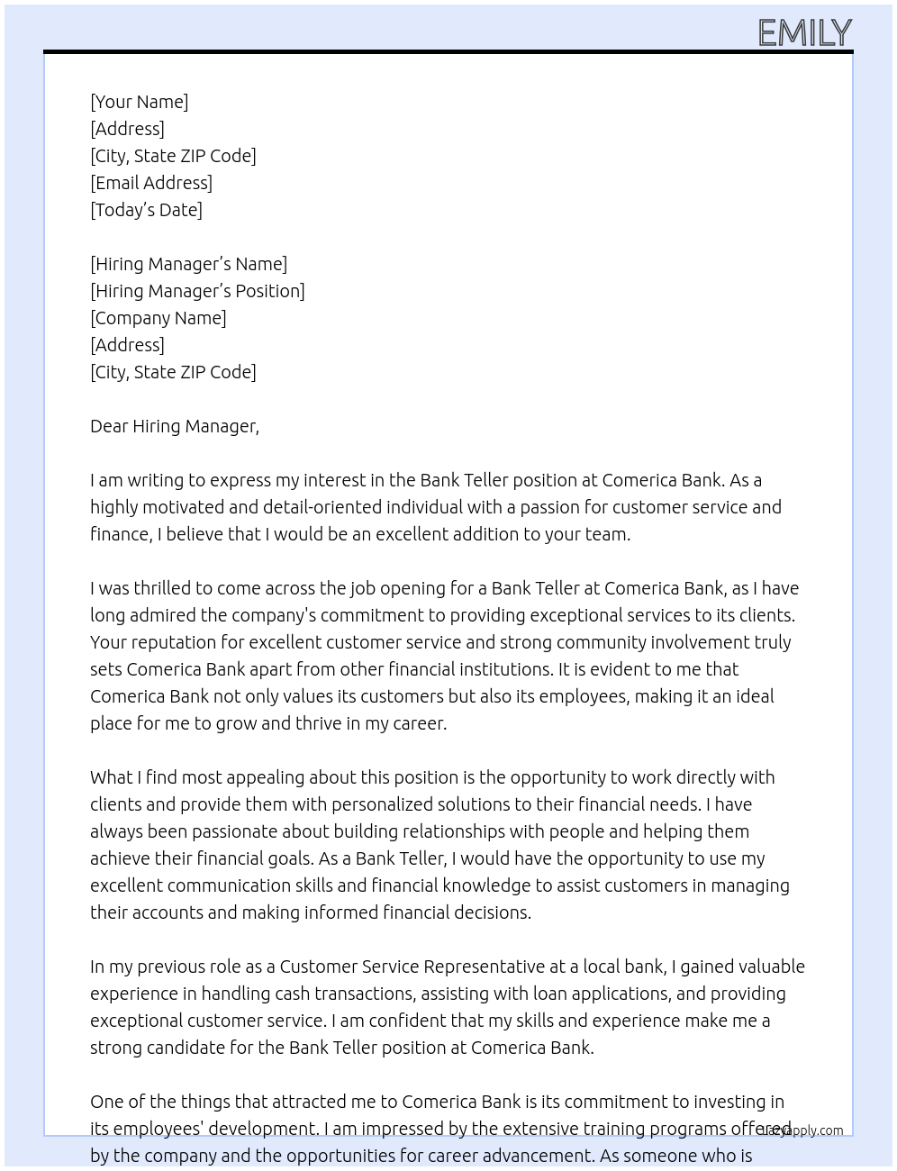 Bank Teller At Comerica Bank Cover Letter