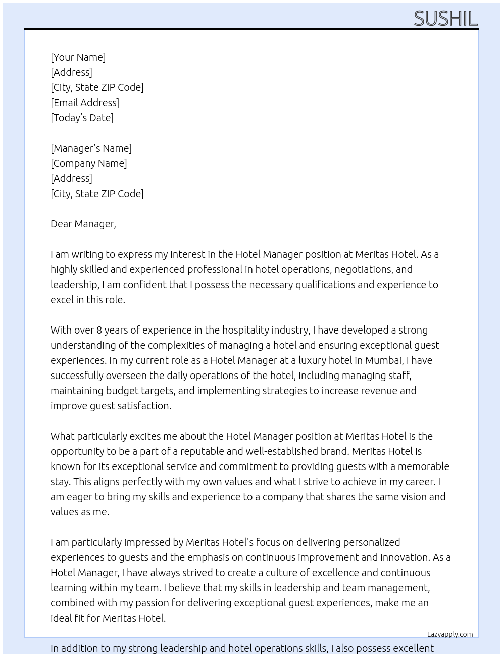 hotel manager At Meritas Hotel Cover Letter