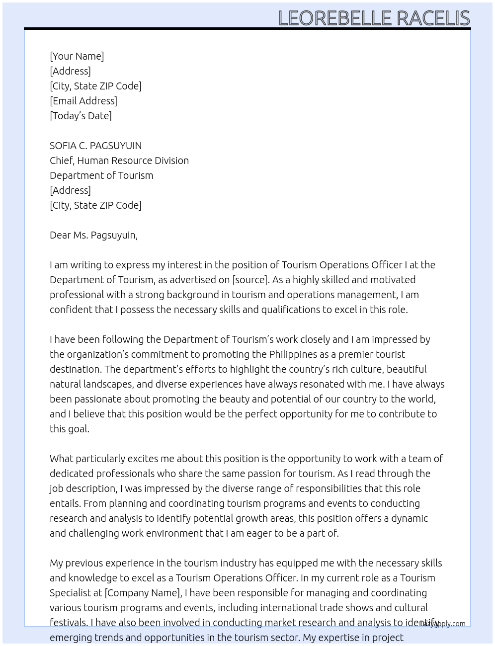 Tourism Operations Officer I  At Department of Tourism Cover Letter