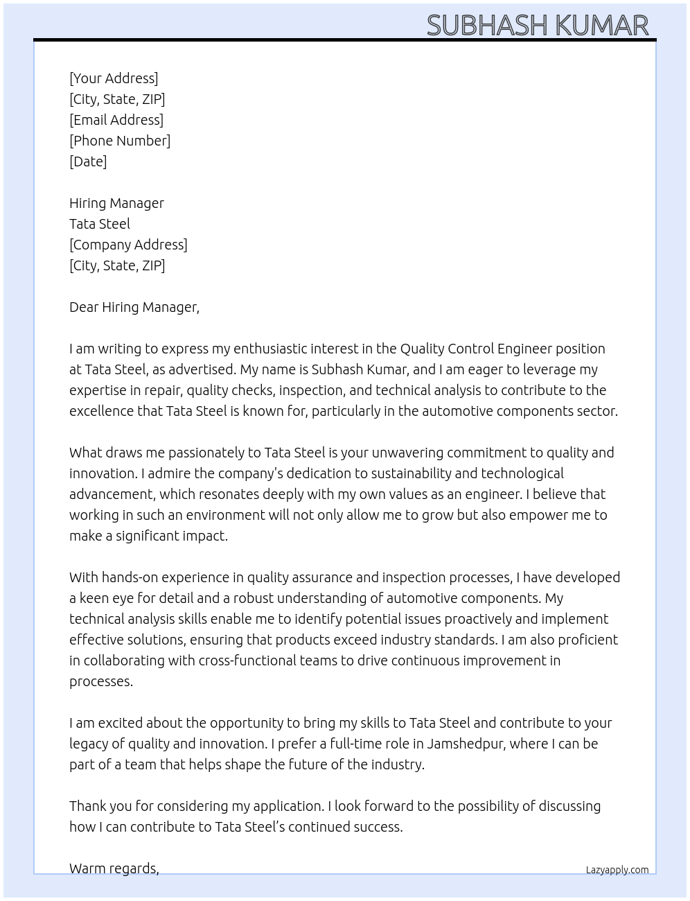 Cover letter for quality control engineer - LazyApply