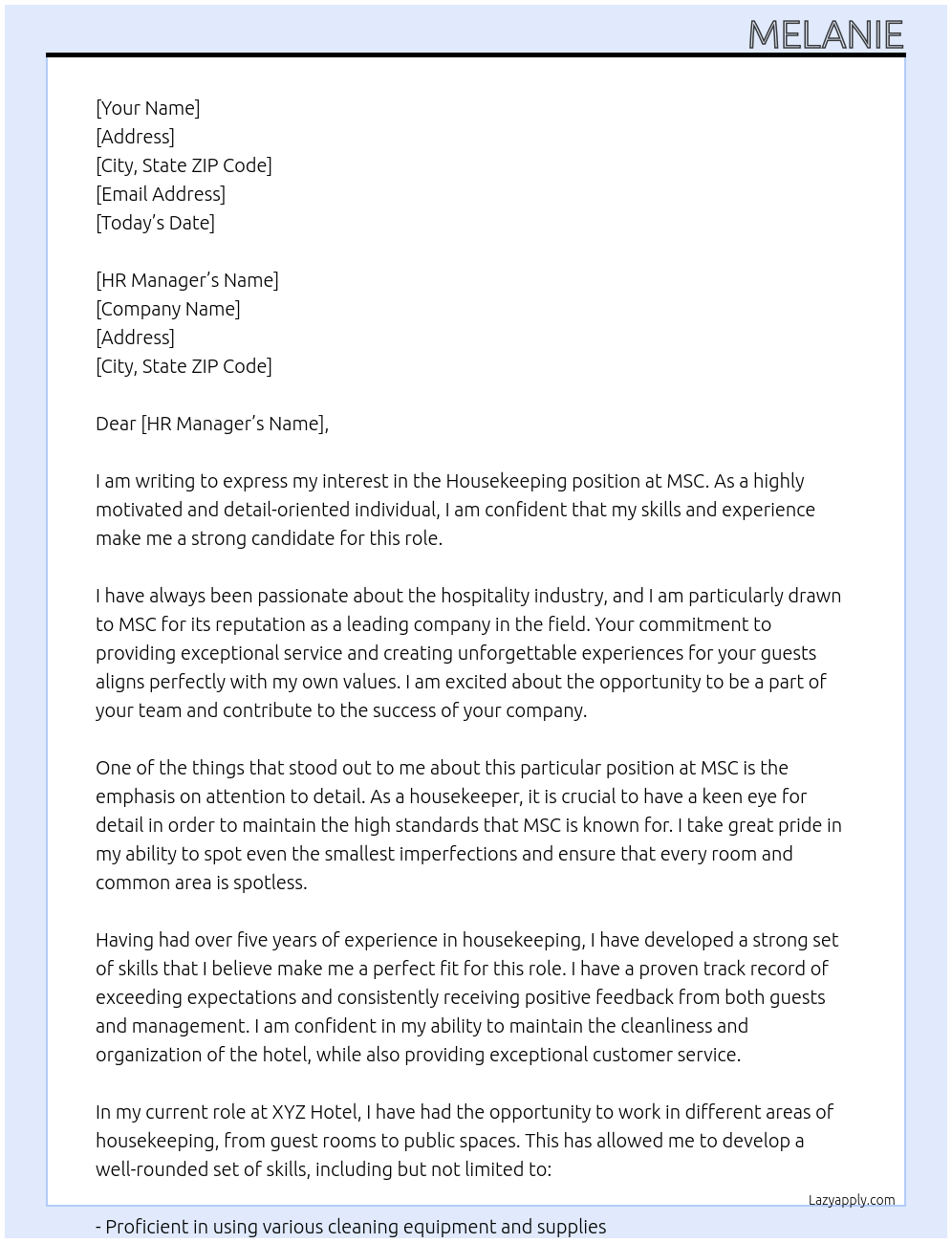 housekeeping At msc Cover Letter