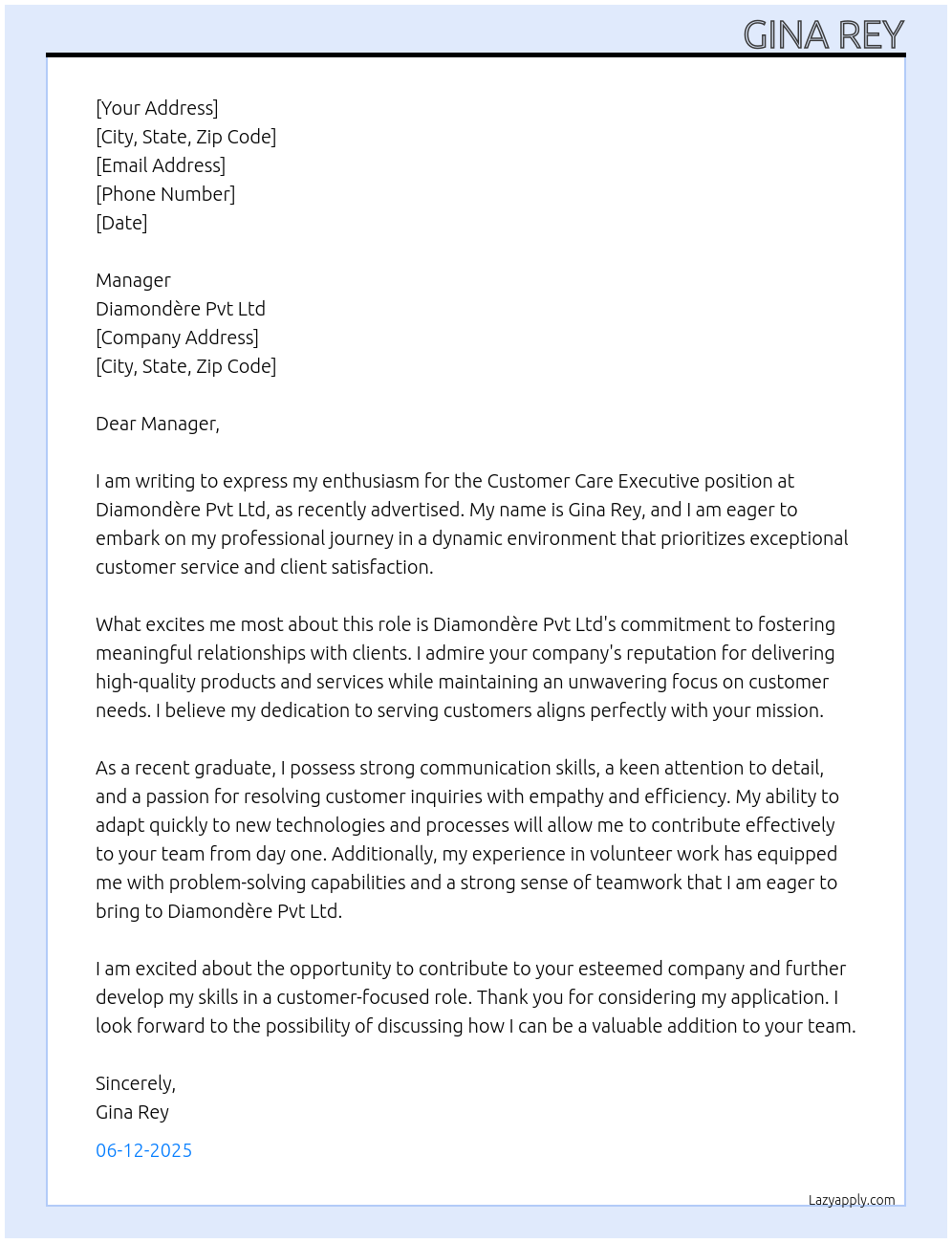 Cover letter for customer care executive - LazyApply