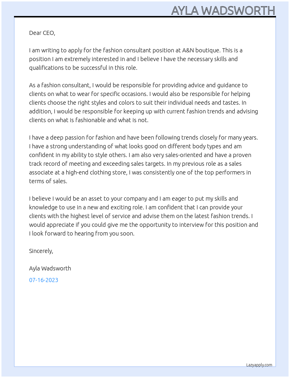 fashion consultant At A&N boutique Cover Letter