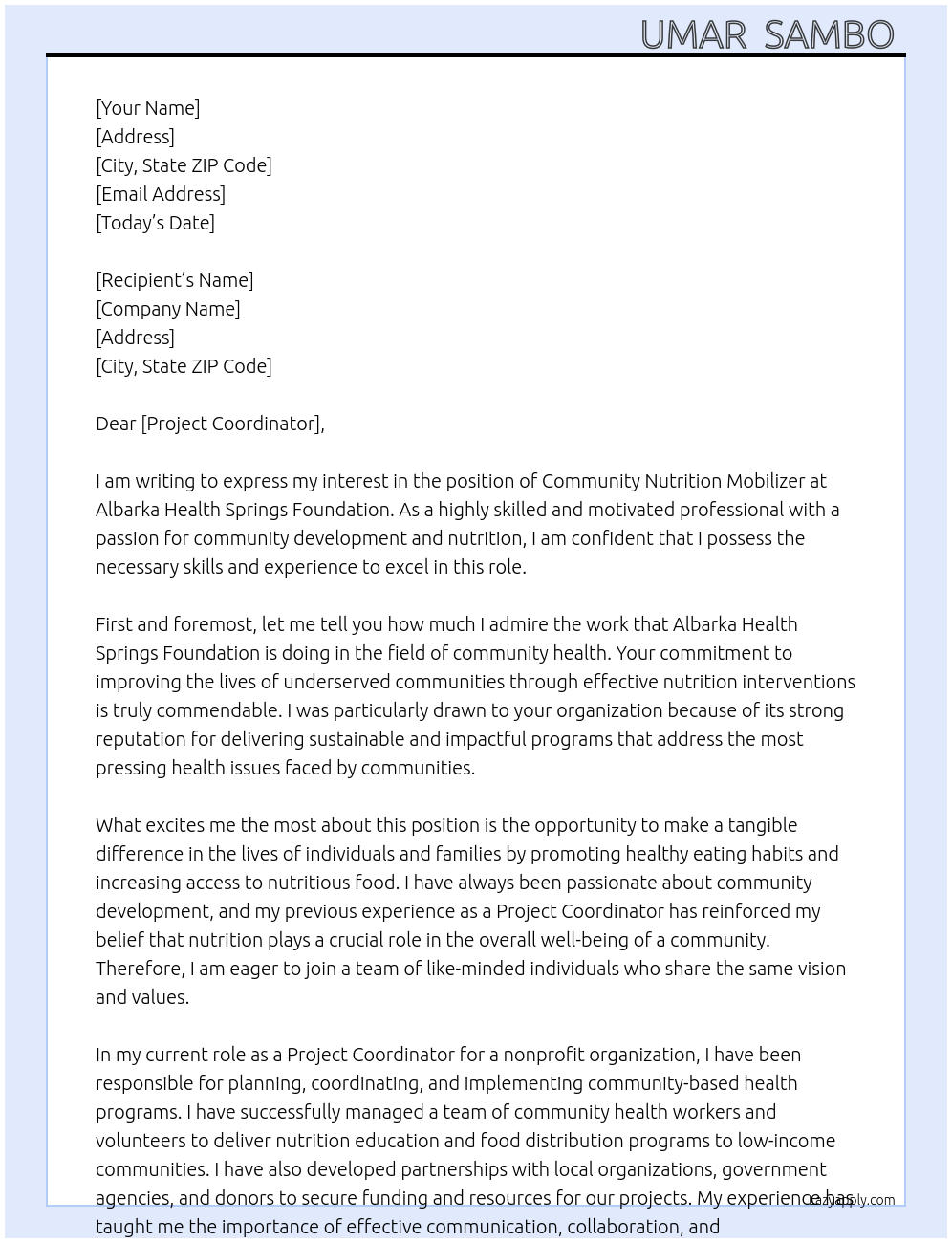 Community nutrition mobilizer At Albarka Health Springs Foundation  Cover Letter