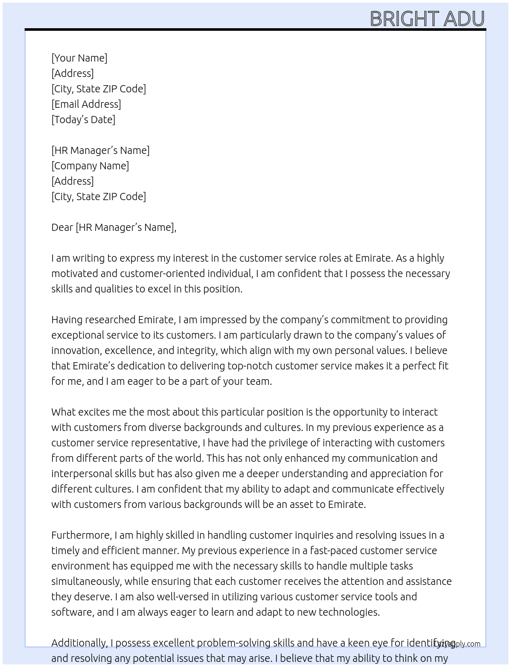 Customer service roles  At Emirate  Cover Letter