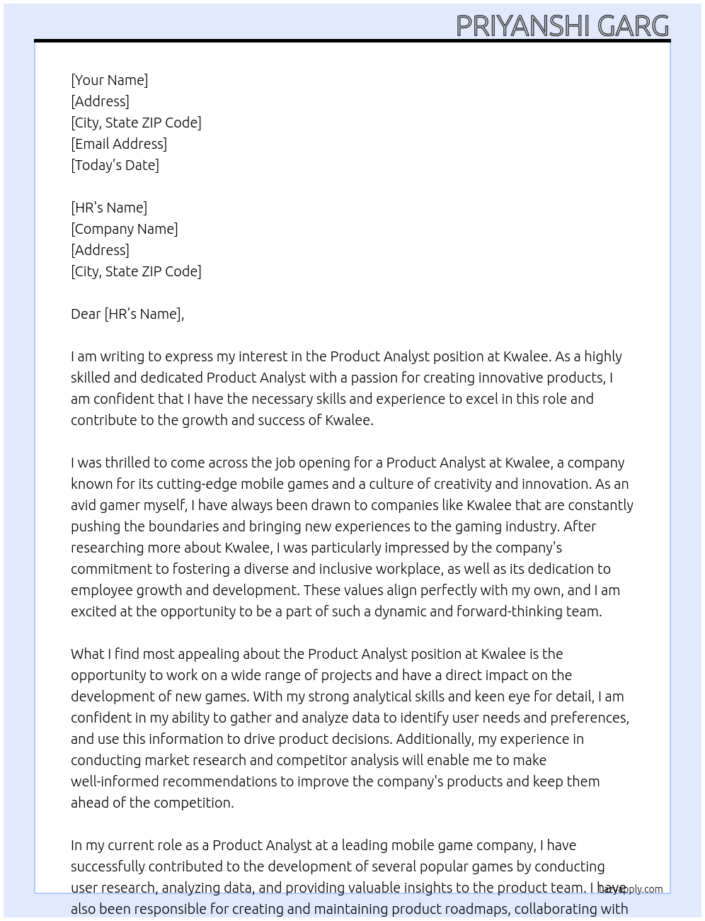 Product Analyst At kwalee Cover Letter