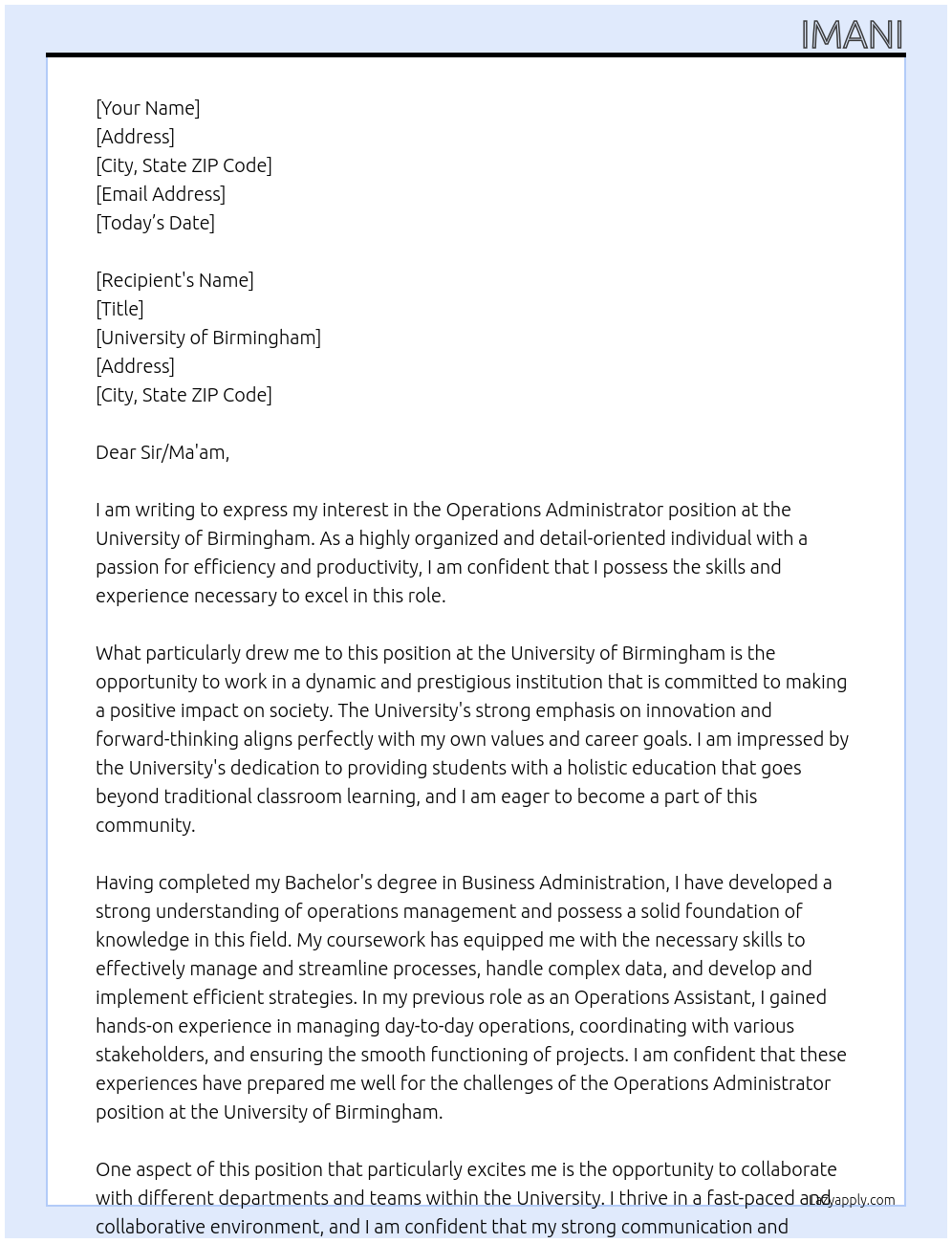 Operations Administrator  At University of Birmingham  Cover Letter