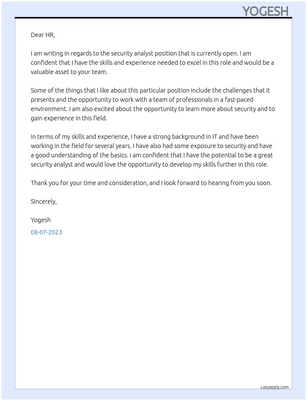 Security Analyst  At Network support analyst  Cover Letter