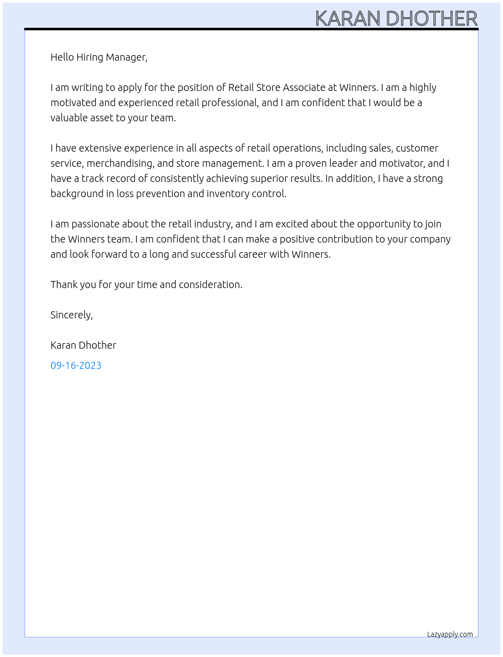 Retail Store Associate At Winners Cover Letter