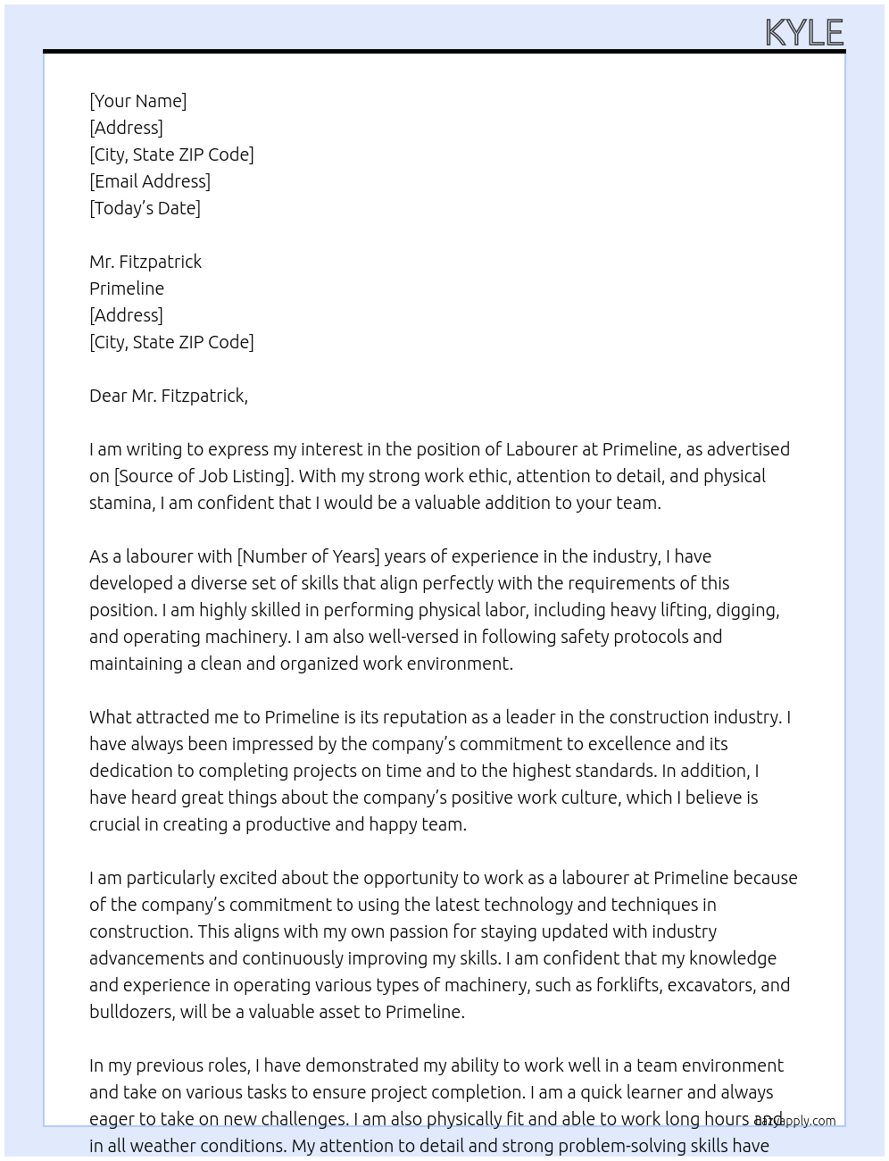 labourer At primeline Cover Letter