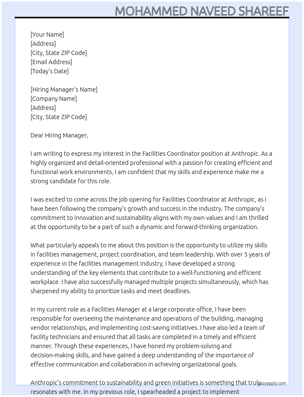 Facilities Coordinator At Anthropic Cover Letter