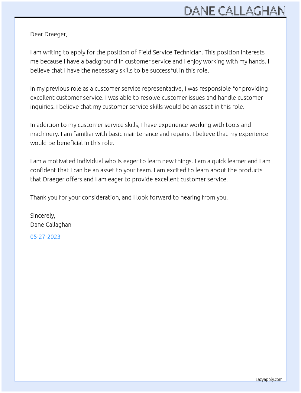 Field Service Technician At Draeger Cover Letter