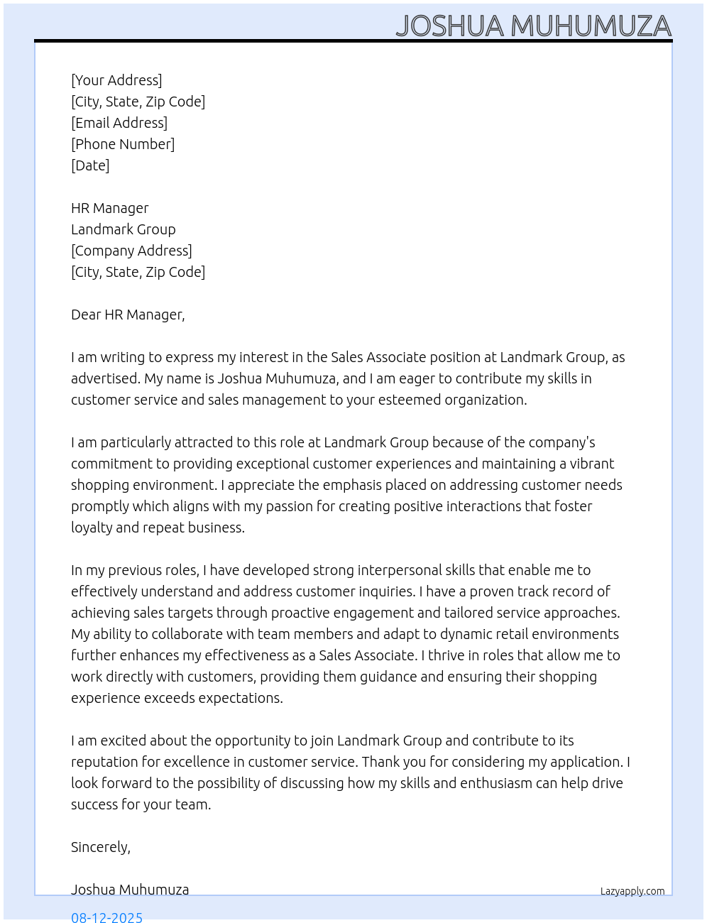 sales associate At landmark group Cover Letter