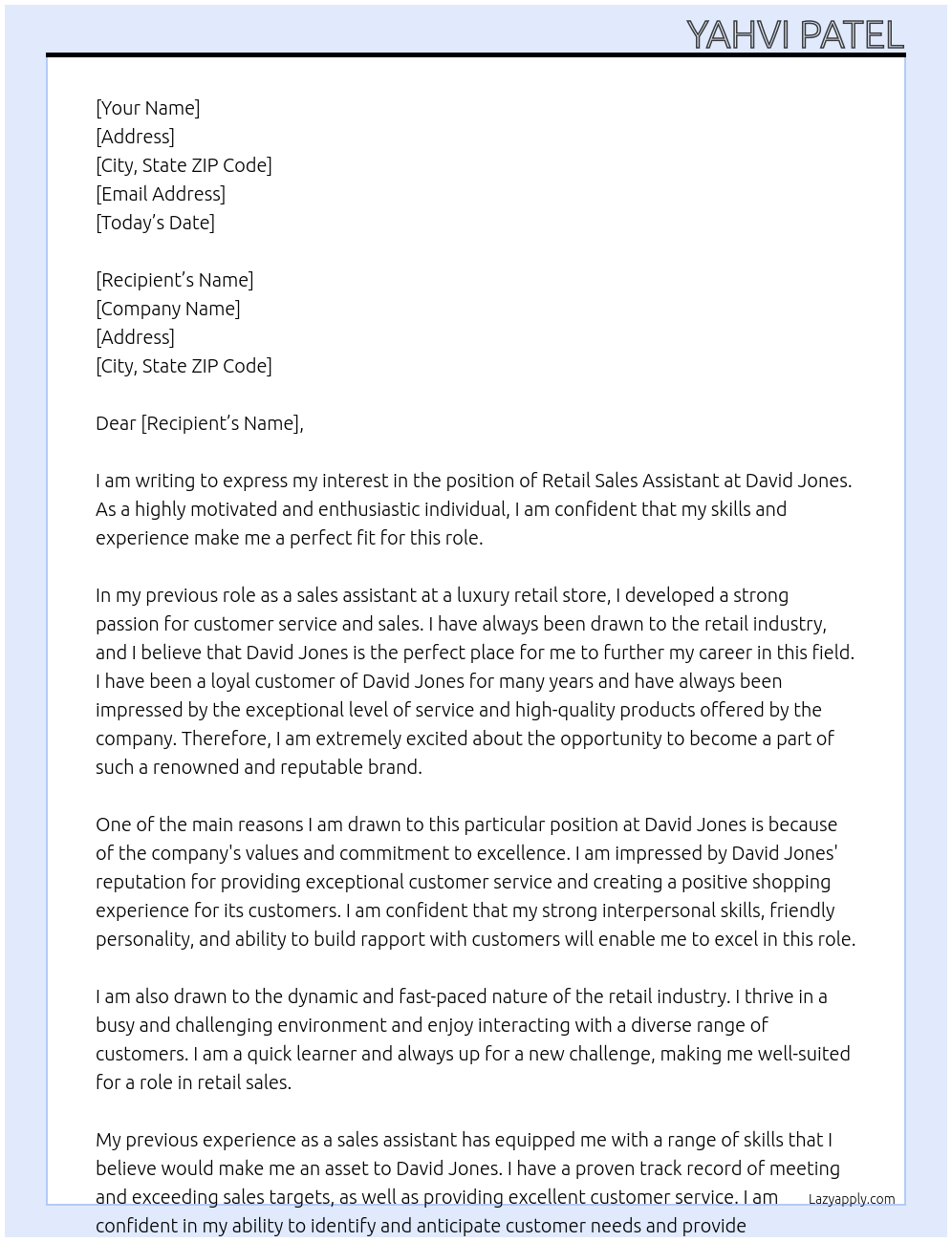 retail sales assistant At David Jones Cover Letter