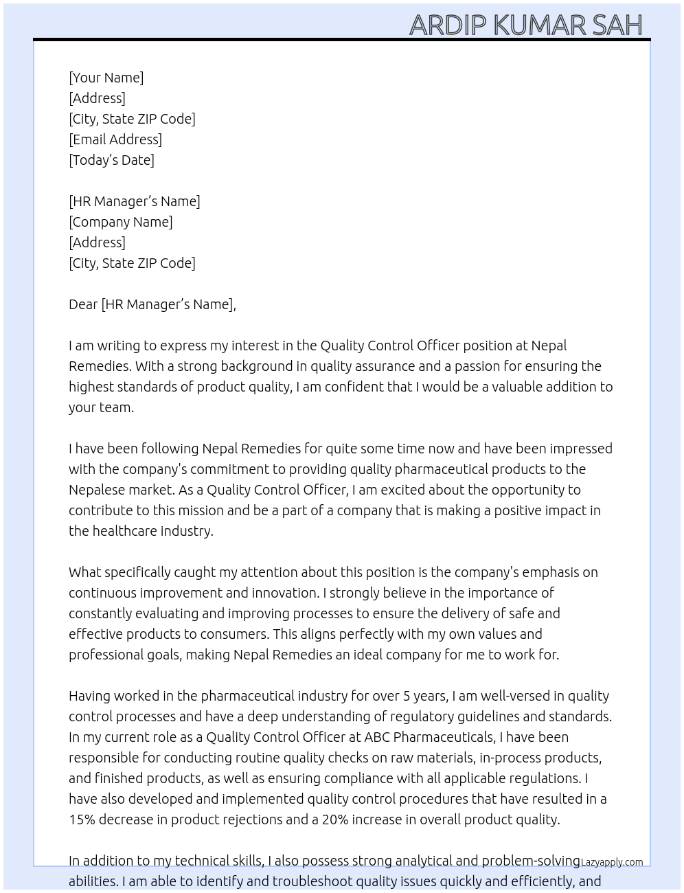 Quality control officer  At Nepal Remedies  Cover Letter