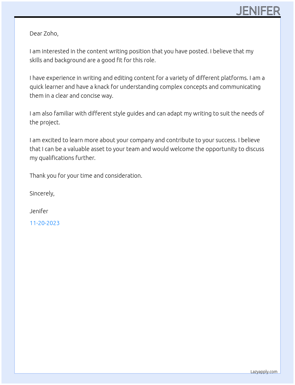 Content writing At Zoho Cover Letter