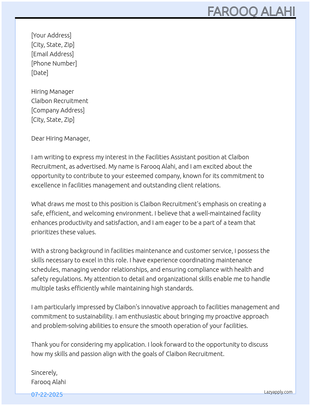 Cover letter for facilities assistant - LazyApply