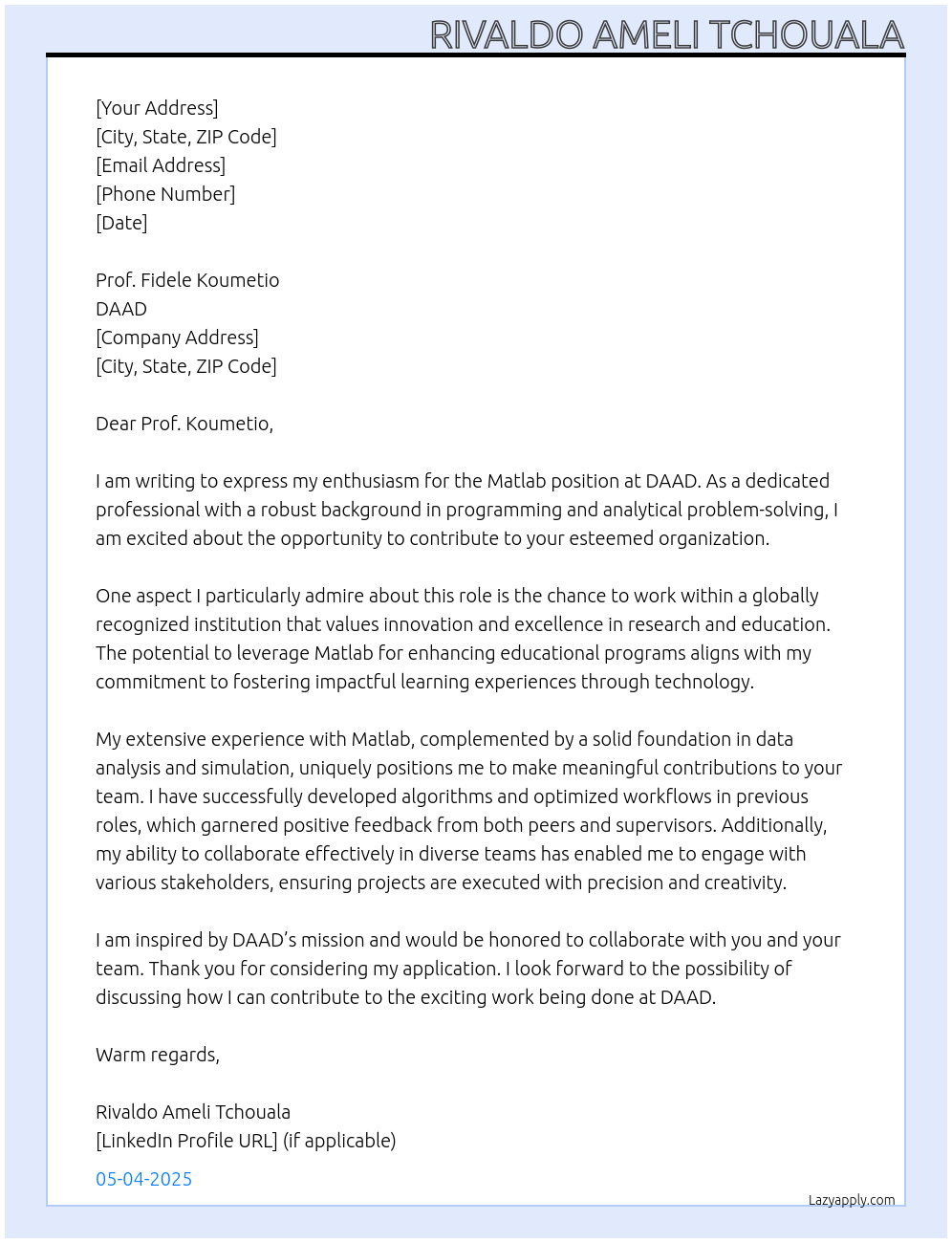 Matlab At DAAD Cover Letter