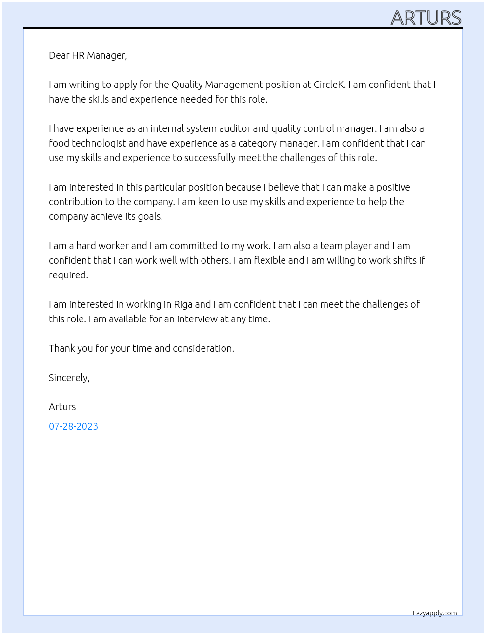 Quality Management  At CircleK Cover Letter