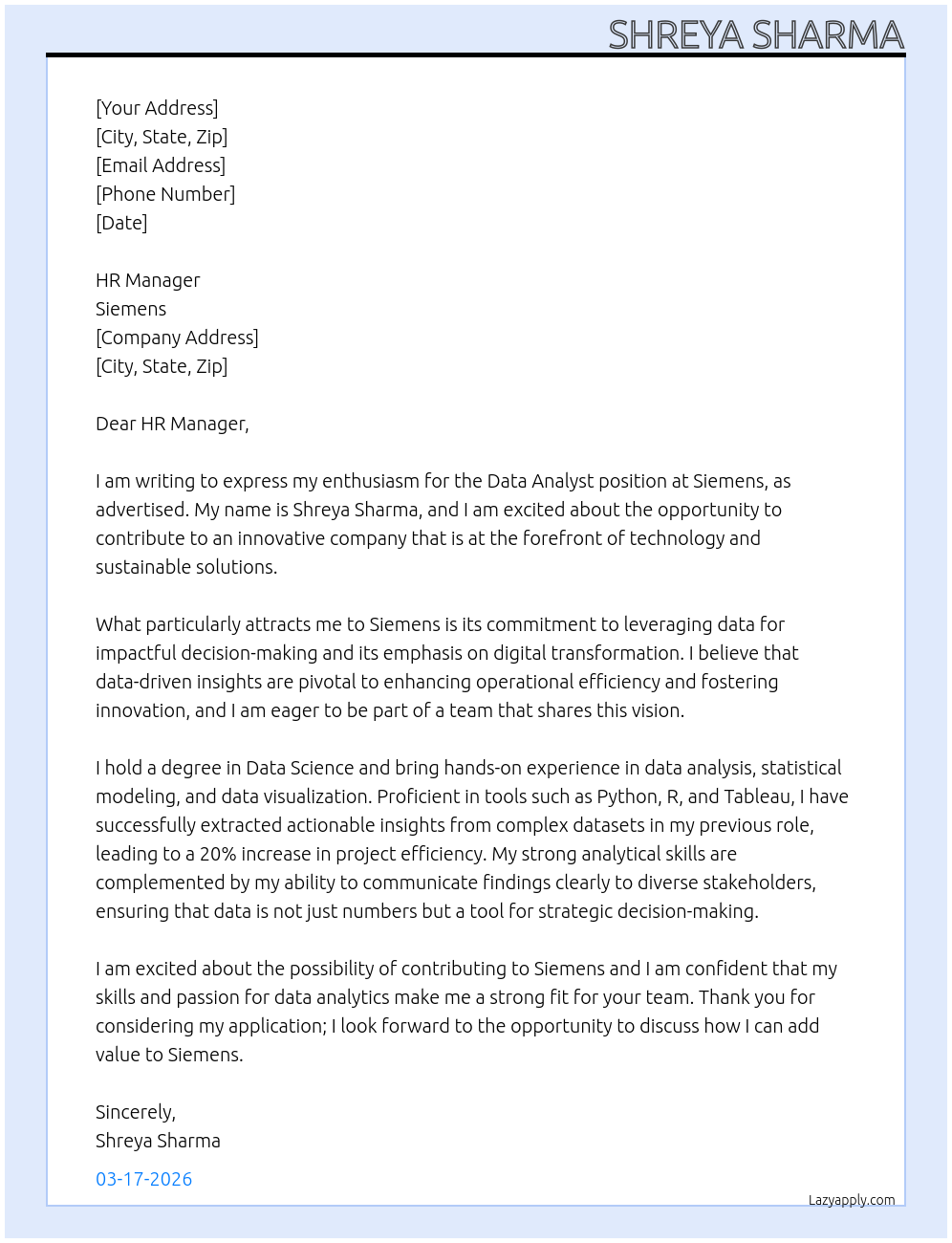 Data Analyst At Siemens Cover Letter