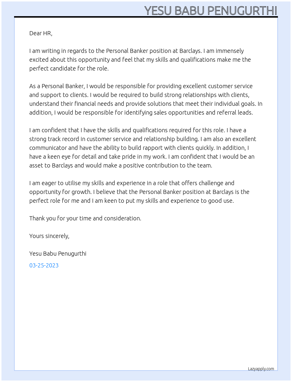 Personal Banker At BARCLAYS Cover Letter