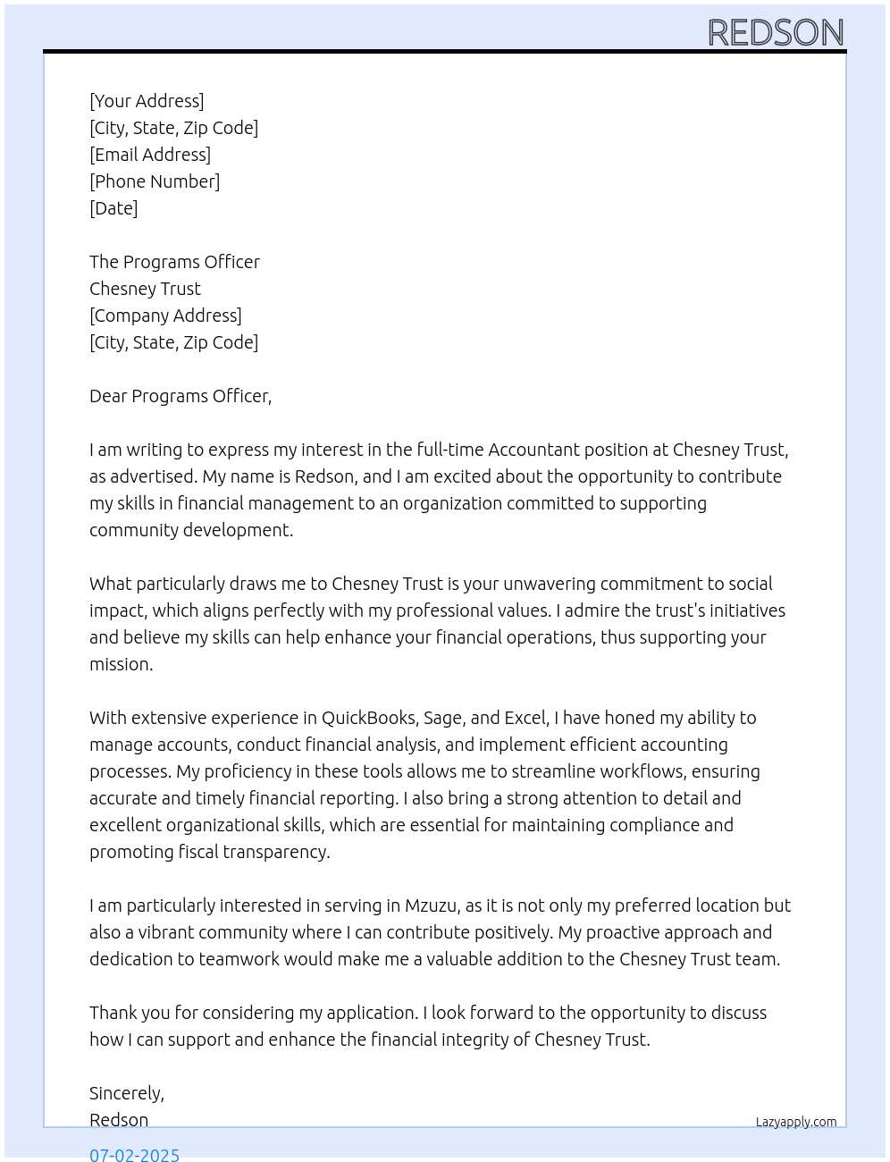 Accountant At Chesney Trust Cover Letter