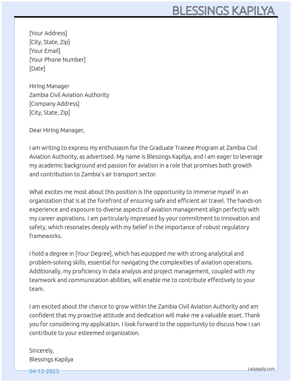 Graduate Trainee Program At Zambia Civil Aviation Authority Cover Letter