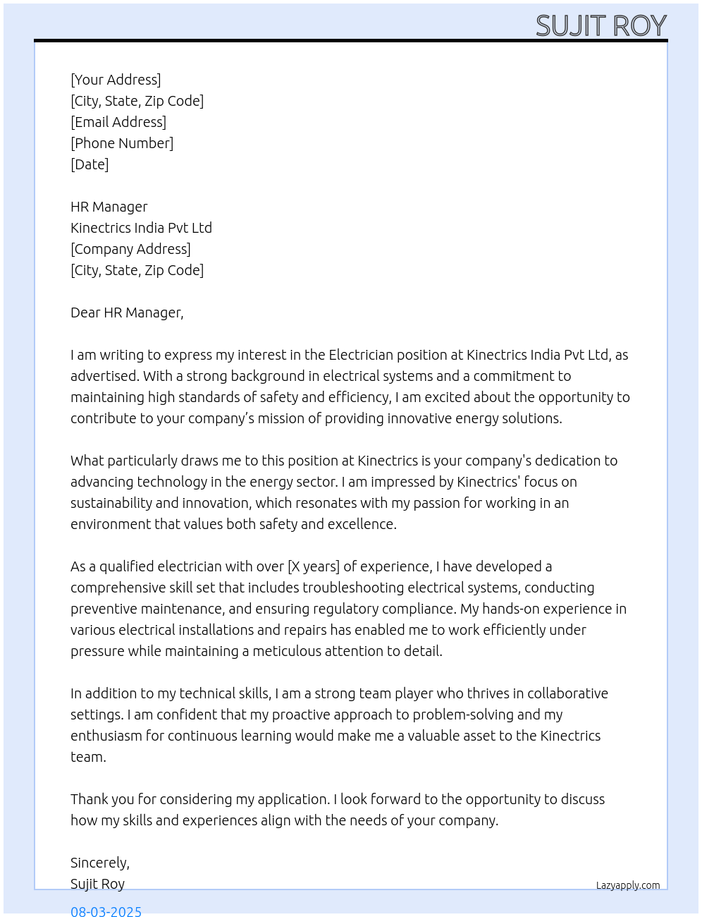 Electrician At Kinectrics india pvt Ltd Cover Letter