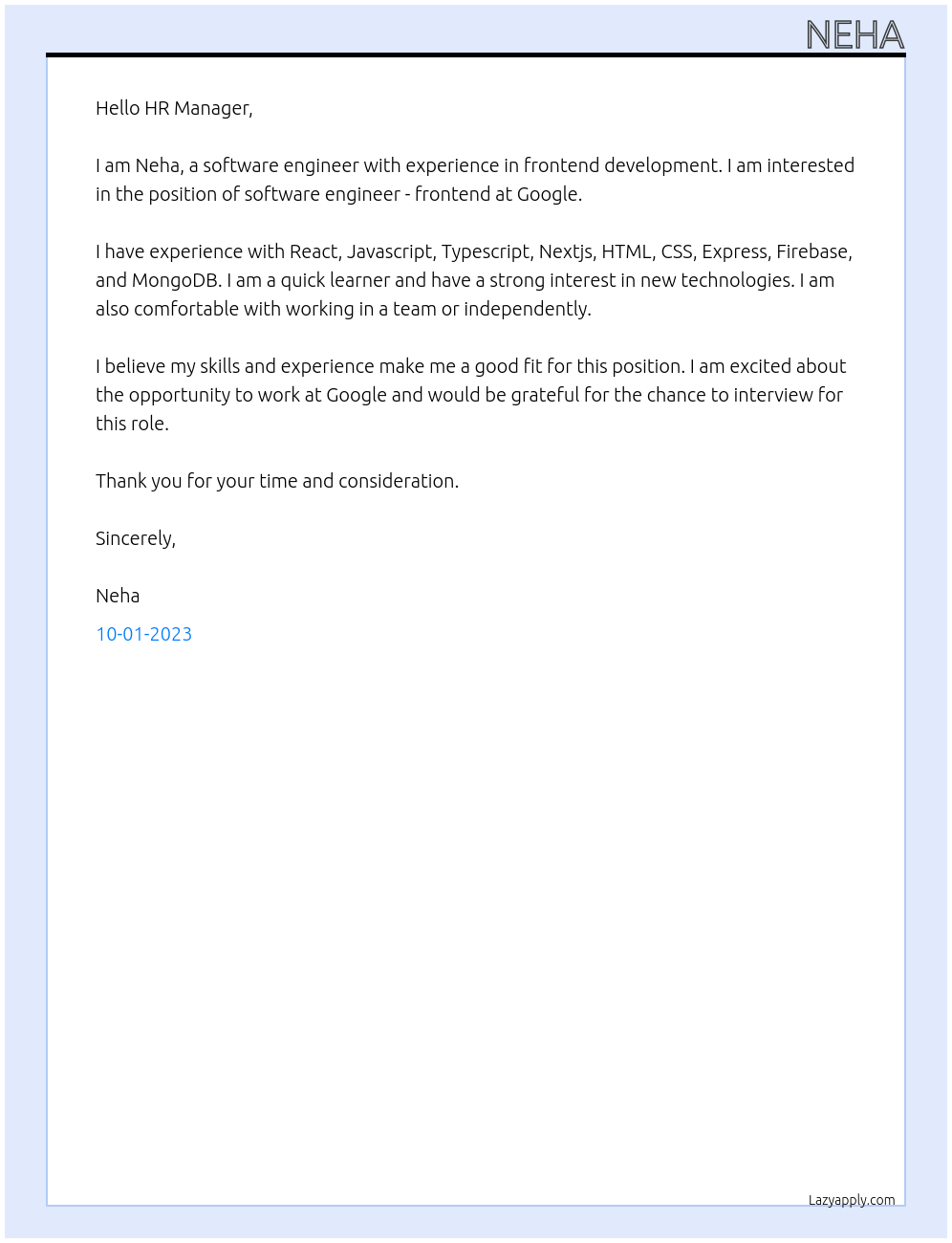 Software Engineer - Frontend At GOOGLE Cover Letter