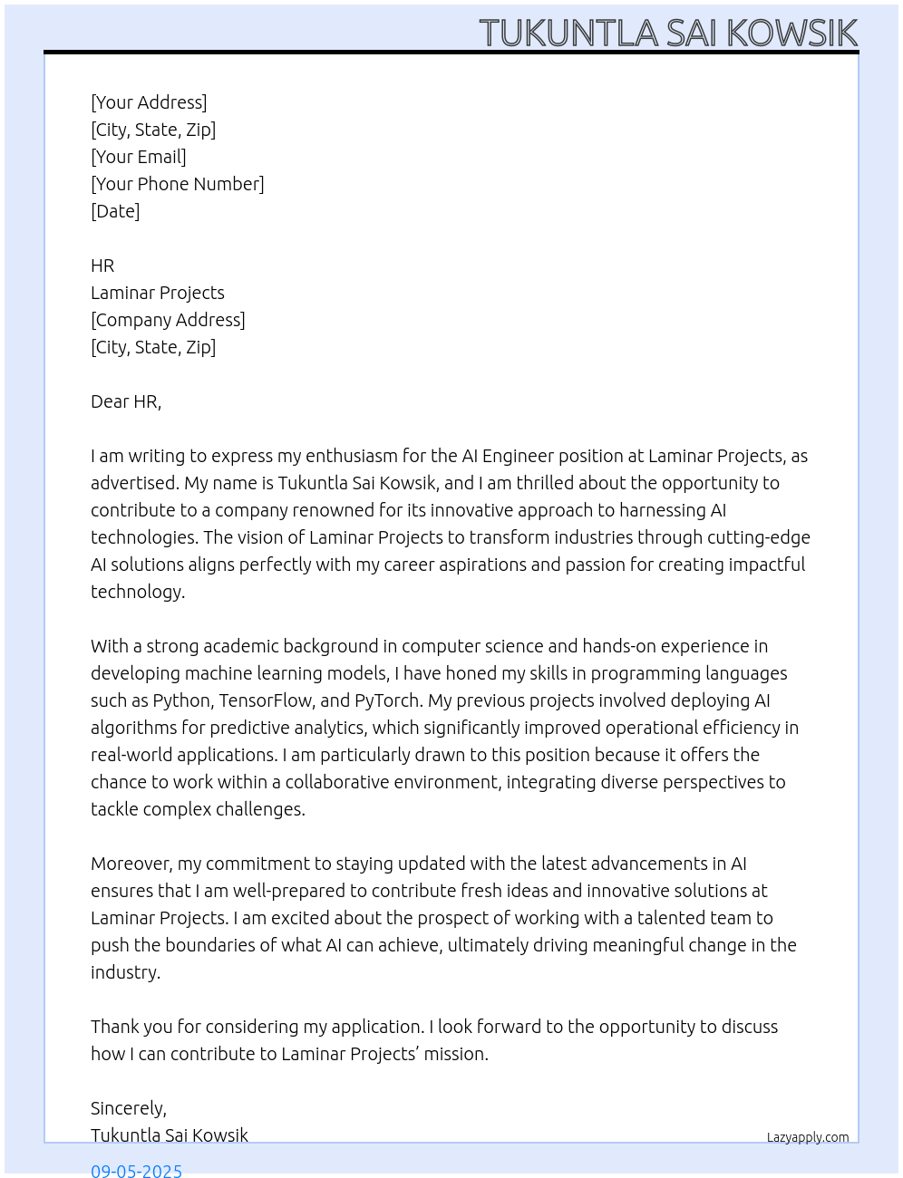 AI Engineer At Laminar Projects Cover Letter