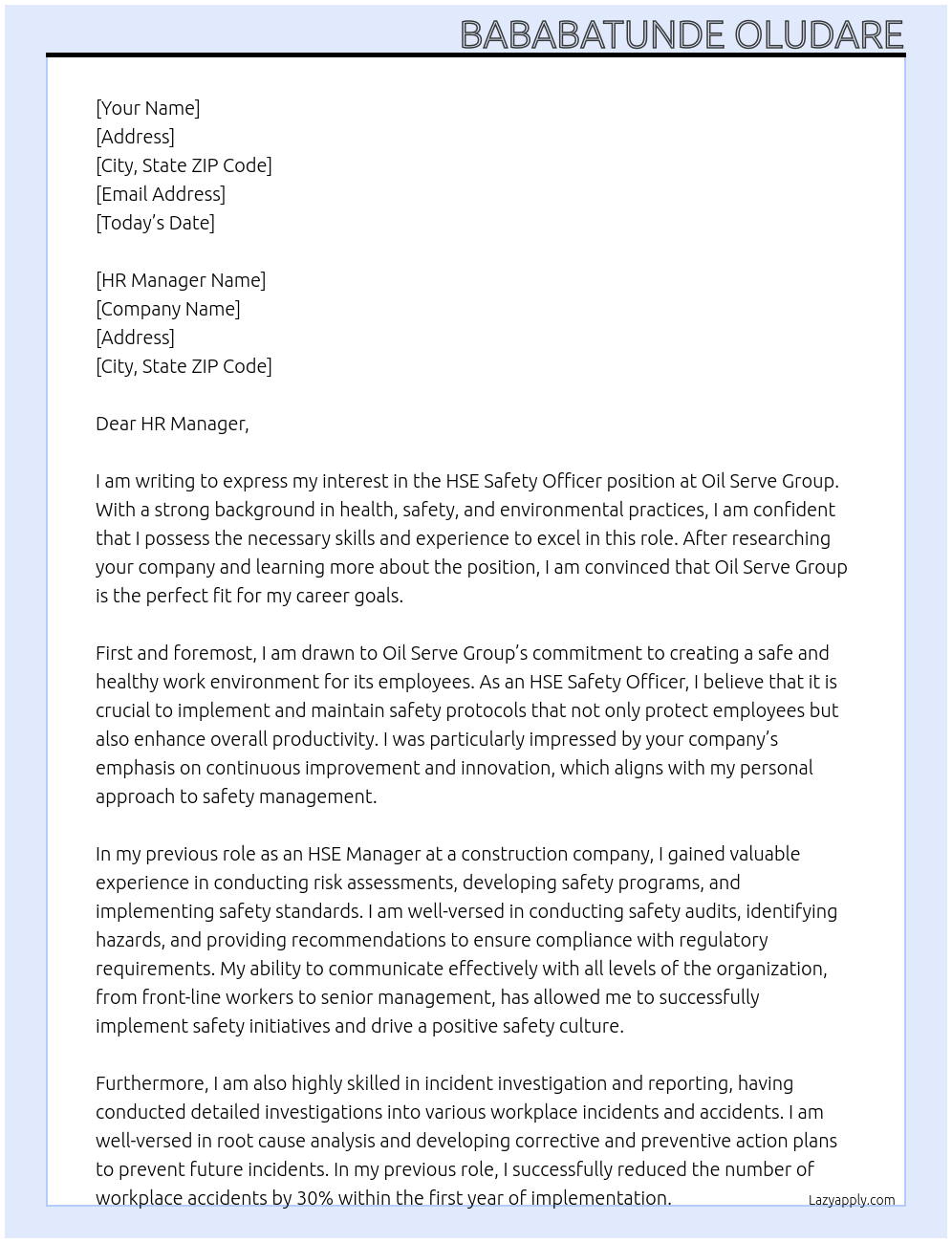 HSE SAFETY OFFICER At Oil serve group  Cover Letter