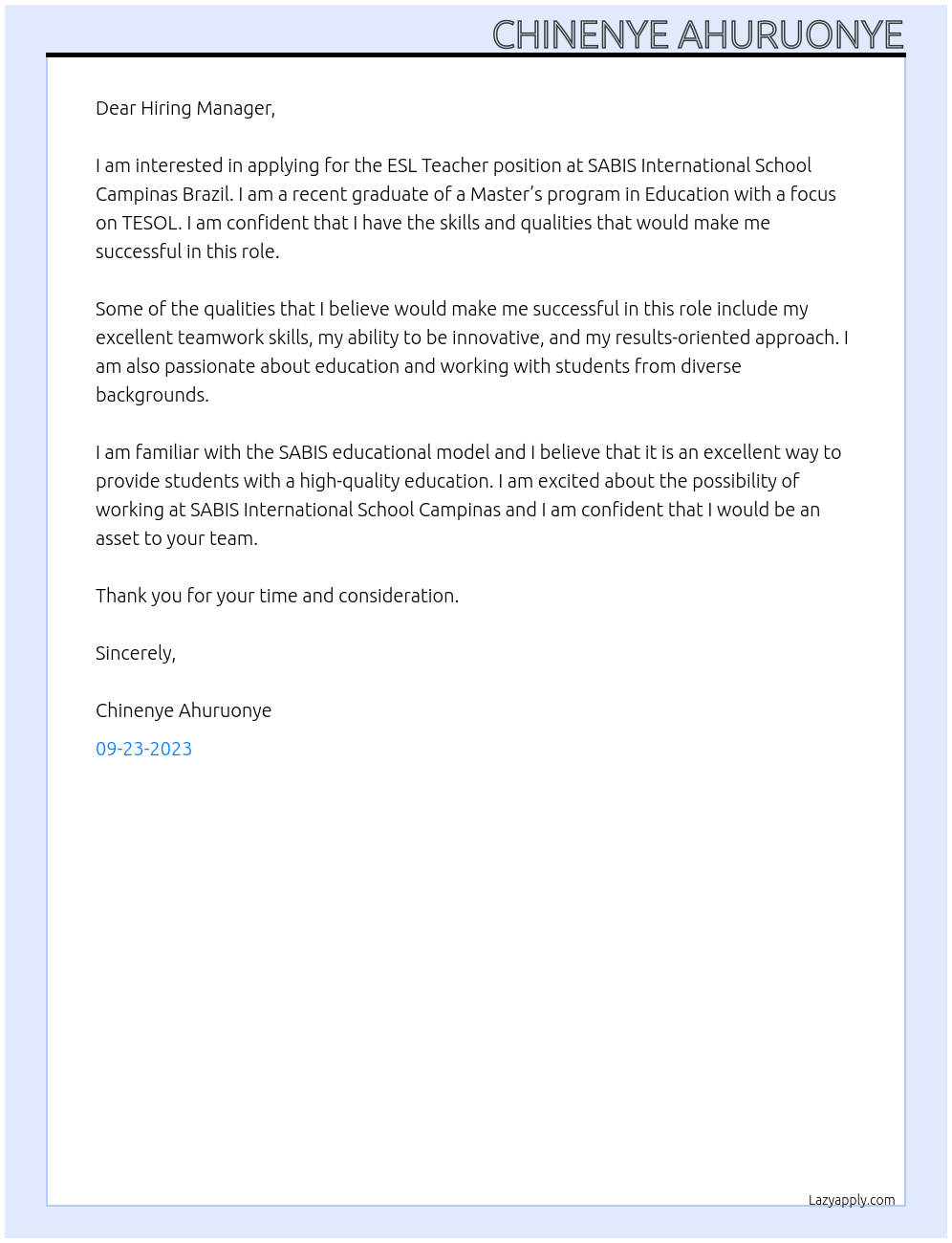 ESL Teacher At SABIS International School Campinas Brazil Cover Letter