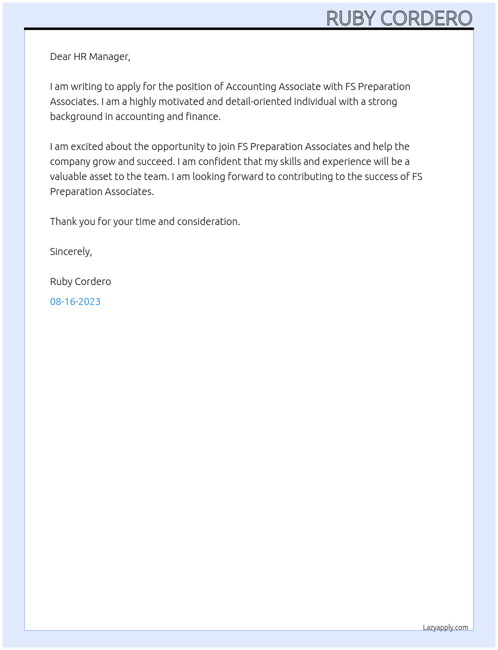 Accounting associate At FS Preparation Associate Cover Letter